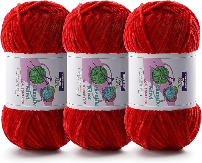 3 Skeins Soft Fluffy Velvet Yarn, Chenille Chunky Yarn for Hand Knitting and Crocheting DIY Craft, Amigurumi Crochet Yarn（3×196.8yds, 3×3.5oz） (Big Red)
