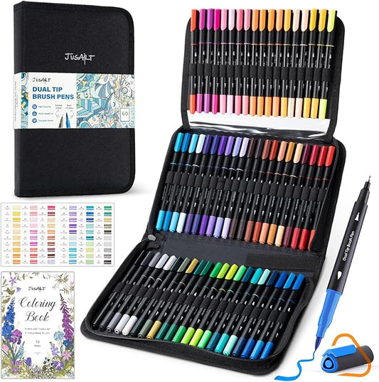 JusArt Markers for Adult Coloring Books No Bleeding, 60 Colors Coloring Markers with Dual Tips, Fine & Brush Pens with Ergonomic Triangle Grip & 33% More Ink, Water-Based Art Drawing Set for Adults