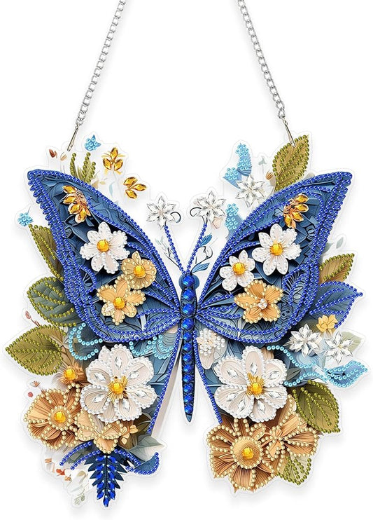 DIY Hanging Diamond Art Pendant Painting Kit Butterfly, Acrylic Board Ornament Gem Painting Craft Kit for Window Suncatcher, Box Package,9.5x10.0inch