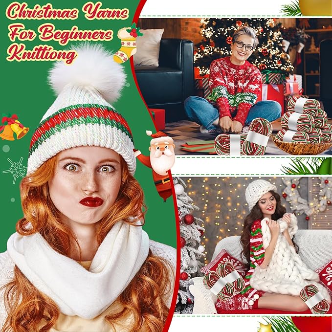 Timgle 3 Pcs Skeins Christmas Yarn for Crocheting 186 Yard Christmas Glitter Yarn Soft Each 100g/ 3.53 oz Knitting Crocheting Gift Craft Project Assorted Starter (Mixcolor Red Green White)