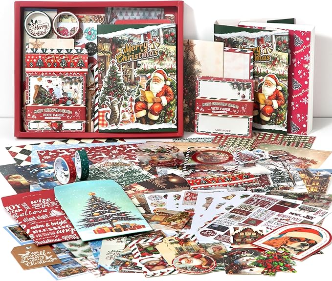 Draupnir Christmas Scrapbooking Supplies Kit,New Year Festival Aesthetic Scrapbook Stickers Kit for Junk Journal,Stationery,Bullet A6 Grid Notebook DIY Scrapbook Craft Christmas Gift