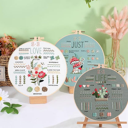 Ohcol 3 Sets Embroidery Kit for Beginners Adults,Easy to Learn 33 Different Stitches DIY Kits,Needlepoint Kits for Adult Hand Crafts Includes Stamped Flower Pattern,Instruction,Hoop,Threads,Tools