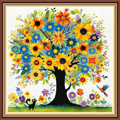 DMCVIVR Stamped Cross Stitch Kits for Adults Beginners Embroidery Kits 11CT Needlepoint Kits Cross Stitch Patterns Embroidery Patterns-Tree of Life Cat 18x18 inch
