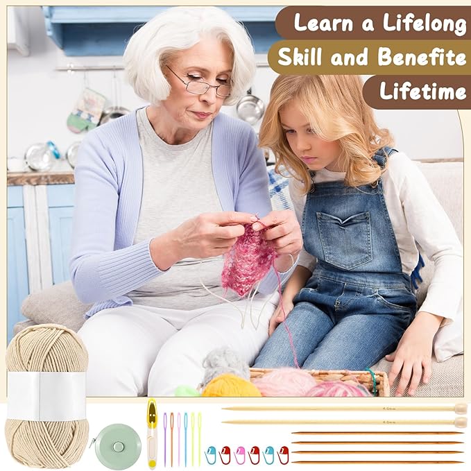 Maasechs Knitting Kit for Beginners, Learn to Knit Kit for Adults, Complete Hat, Scarf, Gloves Starter Bundle with Step-by-Step Instructions Includes Wool Yarn, Needles & Accessories(Light Khaki)