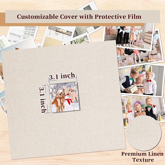 Hiwhy 12x12 Inch Large 3 Ring DIY Scrapbook Photo Album, Linen Cover Scrapbook with 40 Sheets Plastic Sleeves 80 Pages Memory Book for Wedding Birthday Baby Family (Beige)