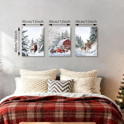 WENGTIAO Christmas Canvas Wall Art 3Pcs Winter Snowy Forest Prints Posters Red Truck Cabin Paintings Reindeer Pictures Vintage Xmas Artwork for Living Room Bedroom Bathroom Office 12”x16”x3