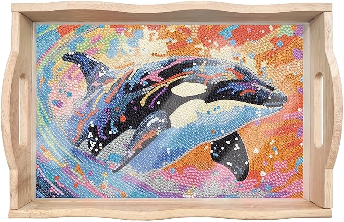 DIY Diamond Art Wooden Tray Kit, Food Tray with Handle Diamond Painted Table Decoration Tray, for Breakfast, Bar Dinner Table Diamond Dots Gem Painting Art Set for Beginners (#10-Orca)