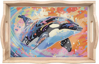 DIY Diamond Art Wooden Tray Kit, Food Tray with Handle Diamond Painted Table Decoration Tray, for Breakfast, Bar Dinner Table Diamond Dots Gem Painting Art Set for Beginners (#10-Orca)