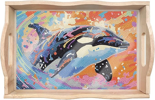 DIY Diamond Art Wooden Tray Kit, Food Tray with Handle Diamond Painted Table Decoration Tray, for Breakfast, Bar Dinner Table Diamond Dots Gem Painting Art Set for Beginners (#10-Orca)