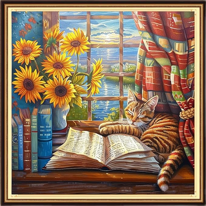 DMCVIVR Stamped Cross Stitch Kits for Adults Beginners Embroidery Kits 11CT Needlepoint Kits Cross Stitch Patterns Embroidery Patterns-The cat Sleeping on windowsill 18x18 inch