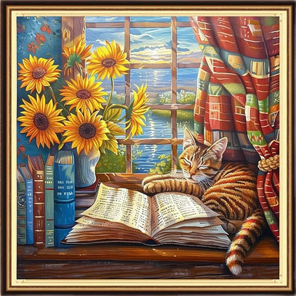 DMCVIVR Stamped Cross Stitch Kits for Adults Beginners Embroidery Kits 11CT Needlepoint Kits Cross Stitch Patterns Embroidery Patterns-The cat Sleeping on windowsill 18x18 inch