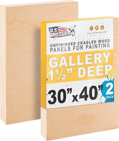 U.S. Art Supply 30" x 40" Unfinished Cradled Wood Panels for Painting, Gallery 1-1/2" Deep (2 Pack) - Artist Depth Wooden Wall Canvases - Mixed-Media Craft, Acrylic, Oil, Encaustic, Paint Pouring