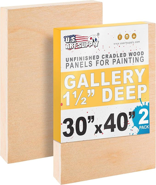 U.S. Art Supply 30" x 40" Unfinished Cradled Wood Panels for Painting, Gallery 1-1/2" Deep (2 Pack) - Artist Depth Wooden Wall Canvases - Mixed-Media Craft, Acrylic, Oil, Encaustic, Paint Pouring