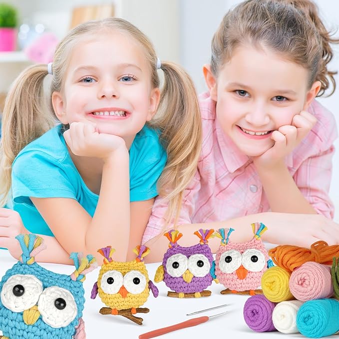 MOREJMTT Crochet Kit for Beginners, Crochet Animal Kits, Crocheting Kit for Starters, Learn to Crochet with Step-by-Step Video Tutorials, Beginner Crochet Kit for Adults(4 Pack owl)
