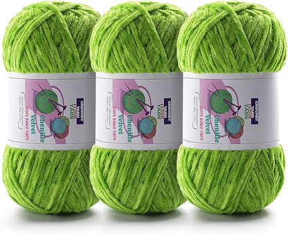 3 Skeins Soft Fluffy Velvet Yarn, Chenille Chunky Yarn for Hand Knitting and Crocheting DIY Craft, Amigurumi Crochet Yarn（3×196.8yds, 3×3.5oz） (Autumn Green)