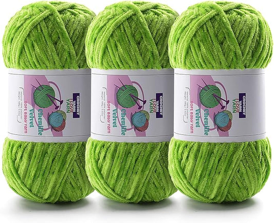 3 Skeins Soft Fluffy Velvet Yarn, Chenille Chunky Yarn for Hand Knitting and Crocheting DIY Craft, Amigurumi Crochet Yarn（3×196.8yds, 3×3.5oz） (Autumn Green)