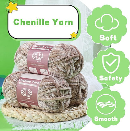 LUNARM Chenille Yarn for Crocheting Knitting, 3 Skein 10.58 oz / 263 Yard Thick Soft Chunky Fluffy Weaving Plush Yarn for Blankets Clothes Pattern with Big Eye Needles(Light Khaki Gradient)