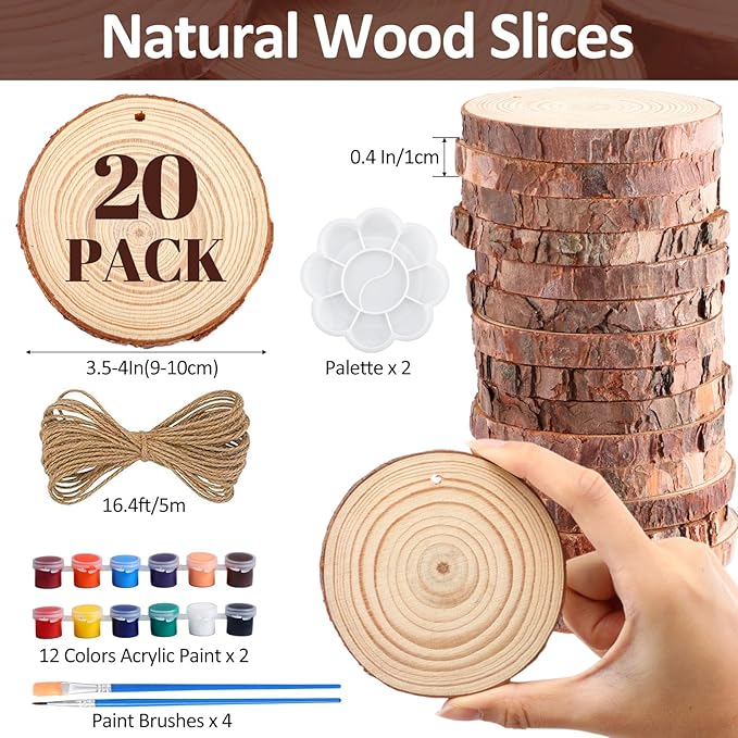 Kathfly 20 Pcs Unfinished Wood Slices with Hole for Centerpieces 3.5-4 Inch Natural Wood Craft Kits Round Wooden Discs with Paints Brushes Palettes for DIY Craft Christmas Ornaments Wedding Home Decor