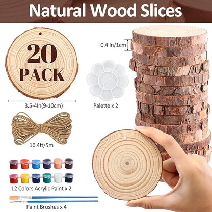 Kathfly 20 Pcs Unfinished Wood Slices with Hole for Centerpieces 3.5-4 Inch Natural Wood Craft Kits Round Wooden Discs with Paints Brushes Palettes for DIY Craft Christmas Ornaments Wedding Home Decor
