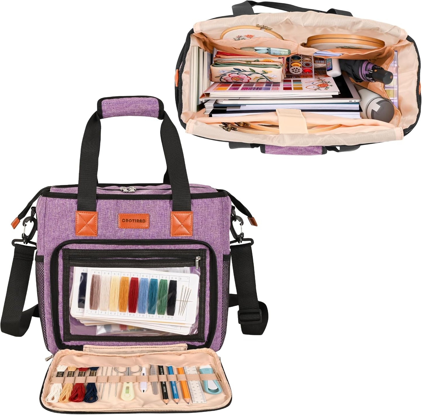 Embroidery Project Bag with Multiple Compartments & Shoulder Strap (Purple)