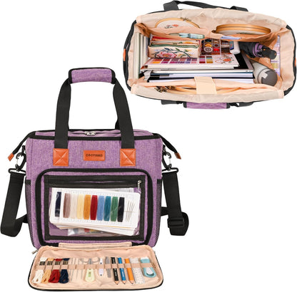 Embroidery Project Bag with Multiple Compartments & Shoulder Strap (Purple)