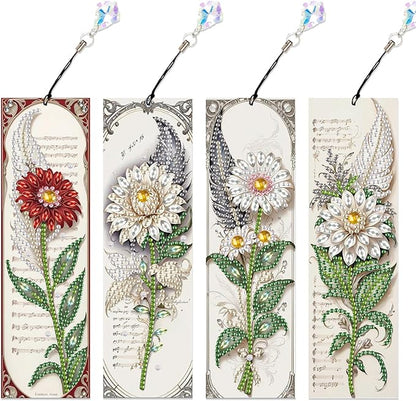 4-Pack 5D Flower Diamond Painting Bookmarks Kit, DIY Diamond Art Bookmarks with Colorful Diamond Gems and Tassels, Floral Bookmark Making Set for Adults, Gift for Book Lovers