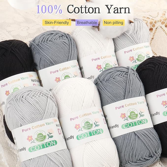 Katech 1OO% Cotton Yarn for Crocheting & Knitting–12-Color of 137 Yards/1.76 oz Baby Cotton Yarn Sport Weight CYC #2-Soft & Breathable-Ideal for Dishcloths, Baby Clothes, Potholders(E)