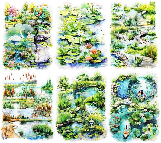 Miyouluna 60Pcs Pond Scenery PET Stickers, Nature-Themed Scrapbooking Supplies for Journaling, DIY Crafts, Collage Decoration, and Card Making