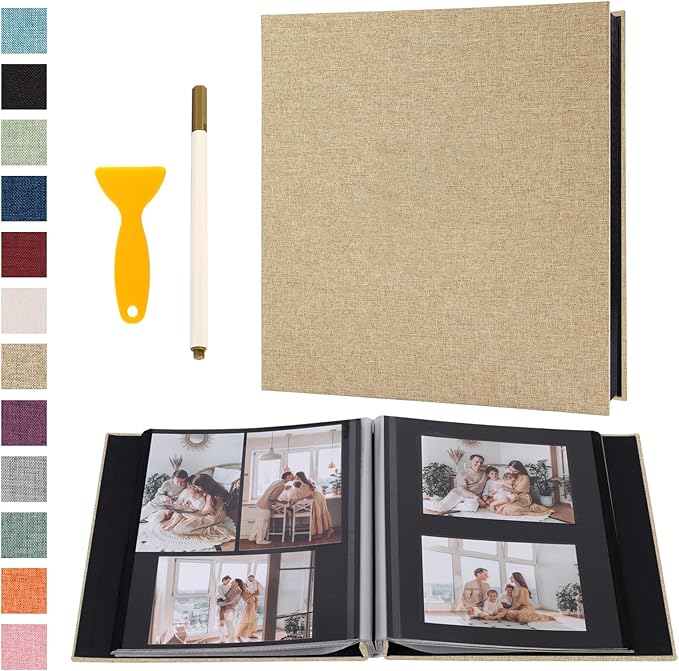 Photo Album Self Adhesive Pages Black Sticky Pages Large Scrapbook Linen Cover for 4x6 5x7 8x10 Pictures Album de Fotos Wedding Couples Baby Family Memory Book, 11x10.6 Yellow 60 Pages