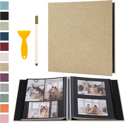 Photo Album Self Adhesive Pages Black Sticky Pages Large Scrapbook Linen Cover for 4x6 5x7 8x10 Pictures Album de Fotos Wedding Couples Baby Family Memory Book, 11x10.6 Yellow 60 Pages