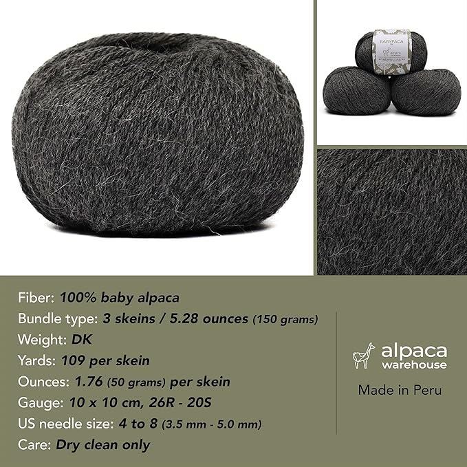 100% Baby Alpaca Yarn Wool Set of 3 Skeins (150 Grams) DK Weight - Made in Peru - Heavenly Soft and Perfect for Knitting and Crocheting (Gray, DK)