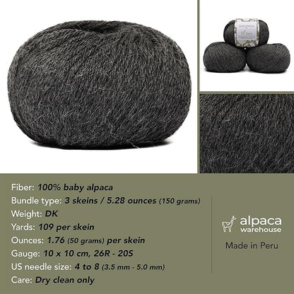 100% Baby Alpaca Yarn Wool Set of 3 Skeins (150 Grams) DK Weight - Made in Peru - Heavenly Soft and Perfect for Knitting and Crocheting (Gray, DK)