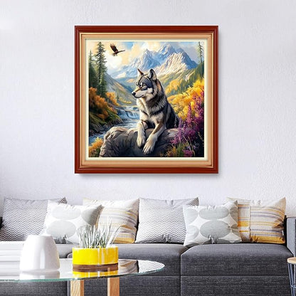 Foxhool Stamped Cross Stitch Kits,11CT Printed Cross Stitch Pattern Full Embroidery Kits for Beginner Needlepoint Kits& Forest Wolf King 18x18 inch