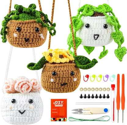 Inawenxlg Crochet Kit for Beginners with Video Tutorials – Amigurumi Starter Set to Make 4 Hanging Potted Plants DIY Crochet Craft Kit for Adults & Teens