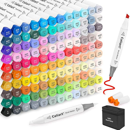 Caliart 121 Colors Alcohol Markers Brush Tip, Dual Tip Artists Coloring Markers Set Brush & Chisel, Permanent Alcohol Based Colored Sketch Pens, Art Supplies Gifts for Adults Illustration Drawing