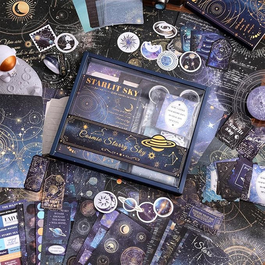 icceemee Scrapbooking Supplies Kit, Blue Starry Sky Scrapbooking Kit for Bullet Junk Journaling, Stationery, A6 Grid Notebook, Flower DIY Journaling Supplies, Birthday Craft Gift for Teen Girls
