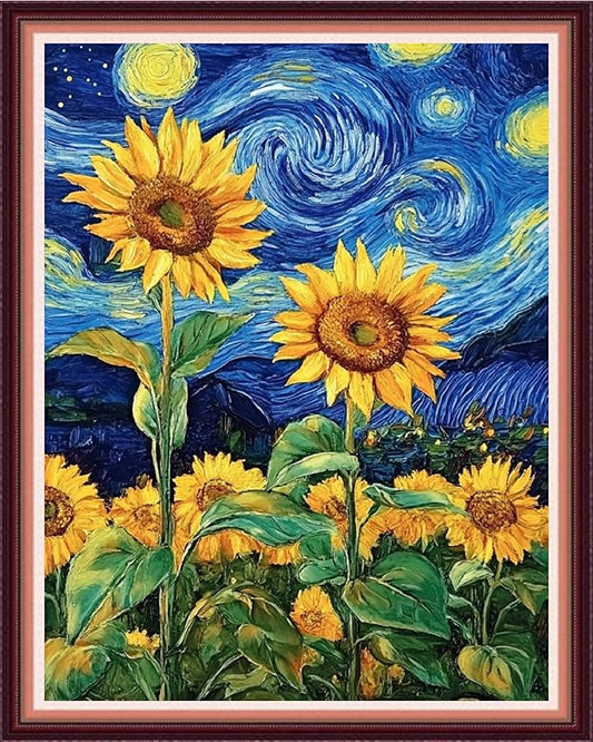Fanxvivy Stamped Cross Stitch Kits for Beginners Full Range of Cross Stitching Preprinted Embroidery Kits for Adults, 11CT Embroidery Pattern Needlepoint Kits-Van Gogh Starry Sky Sunflower 16x20 inch