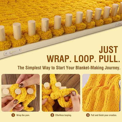 Chunky Blanket Loom Knitting Looms and Boards, Adjustable Size Wooden Loom for Blanket, No Needles Required Hand Knitting Kit for DIY Yarn Craft, Home Decor, Stress Relief, Beginner Friendly (46 in)
