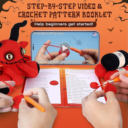 Crochetta Crochet Kit for Beginners, Crochet Starter Kit with Step-by-Step Video Tutorials, Amigurumi Crochet DIY Knitting Supplies for Adults, Red Devil (40%+ Yarn)