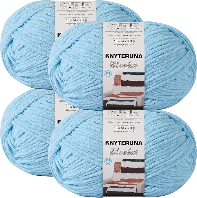 #6 Super Bulky Blanket Yarn for Crocheting - 4 Skeins(Each 10.5oz/300g, 220yds/201m), Chunky Chenille Thick Plush Big Soft Yarn for Crocheting Knitting Blankets, Sky Blue