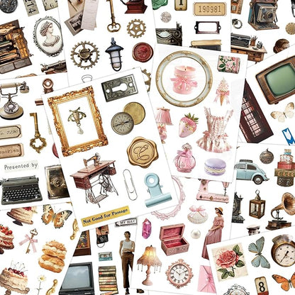PRSTINCOL Vintage Sticker Book with 30 Pages and 300+ Aesthetic Stickers for Scrapbooking Supplies and Retro Bullet Journal