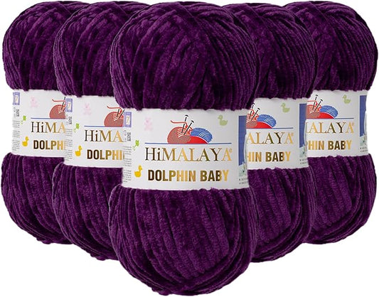 5 Skein/Pack Himalaya Dolphin Baby Chenille Yarn, Each Ball 100 gr (3.5 oz), 120 m (132 Yards), 100% Polyester, Super Bulky Baby Blanket Velvet Amigurumi Yarn, 80328 - Purple
