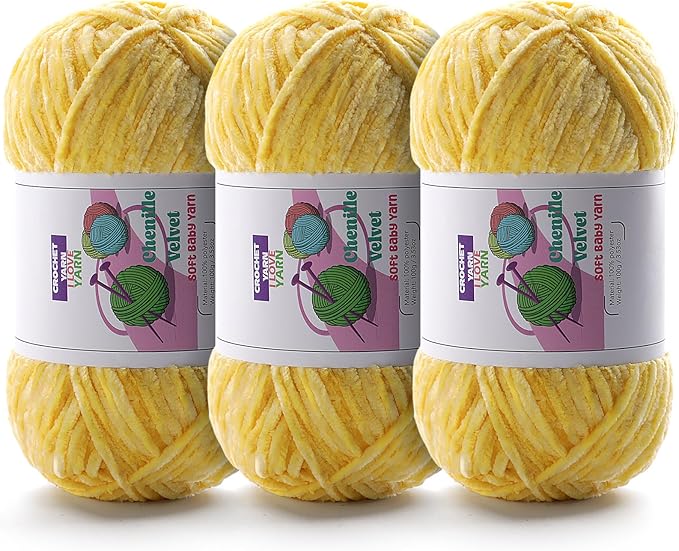 3 Skeins Soft Fluffy Velvet Yarn, Chenille Chunky Yarn for Hand Knitting and Crocheting DIY Craft, Amigurumi Crochet Yarn（3×196.8yds, 3×3.5oz） (Light Yellow)