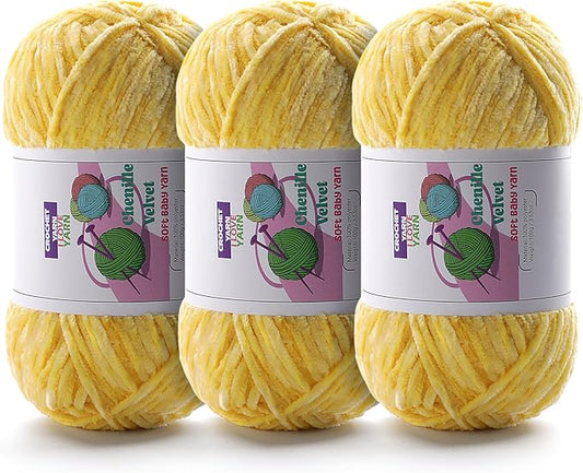 3 Skeins Soft Fluffy Velvet Yarn, Chenille Chunky Yarn for Hand Knitting and Crocheting DIY Craft, Amigurumi Crochet Yarn（3×196.8yds, 3×3.5oz） (Light Yellow)