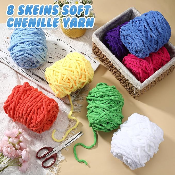 Buryeah 8 Pack Chunky Chenille Yarn for Crocheting Soft Thick Fluffy Yarn for Hand Knitting Bulky Velvet Blanket Plush for Weaving DIY Crafts Each 3.5 oz 55 Yards (Bright Colors)