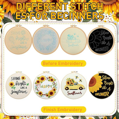 Riceshoot 8 Set Sunflower Embroidery Kit for Beginner Adults Cross Kit with Pattern Instruction, Embroidery Cloth and Hoops, Thread, Needle, Needle Threader, Thread Remover, Scissors