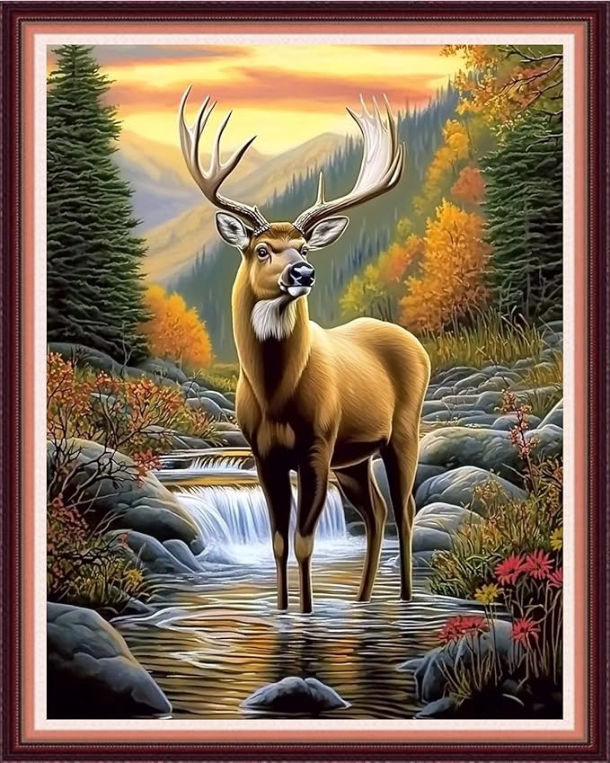 Fanxvivy Stamped Cross Stitch Kits for Beginners Full Range of Cross Stitching Preprinted Embroidery Kits for Adults, 11CT Embroidery Pattern Needlepoint Kits-Early Morning elk 16x20 inch