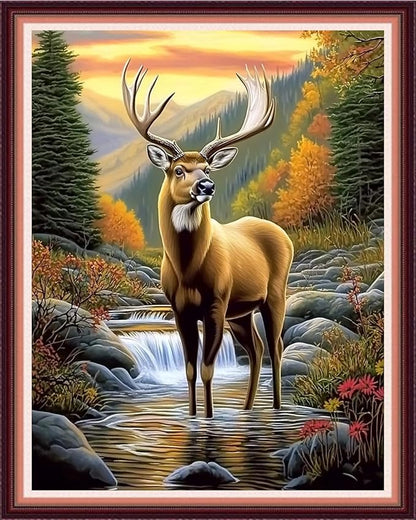 Fanxvivy Stamped Cross Stitch Kits for Beginners Full Range of Cross Stitching Preprinted Embroidery Kits for Adults, 11CT Embroidery Pattern Needlepoint Kits-Early Morning elk 16x20 inch
