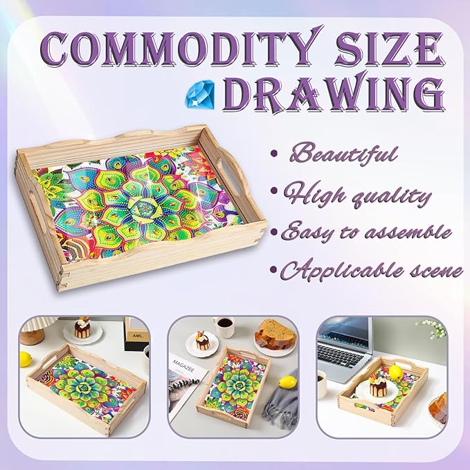 EWJRNSF Diamond Art Kits for Adults Wooden Serving Trays with Handles, 5D Diamond Painting Big Gem Arts and Craft Gifts Trays Decor Gift Home Decor 7.8x11.8 Inches Succulence B