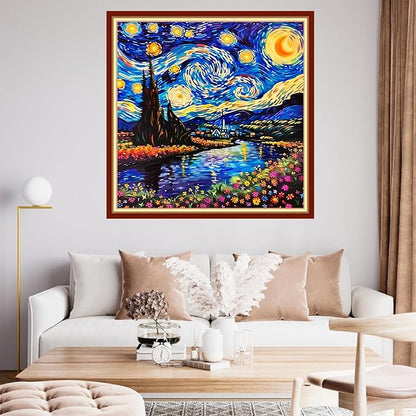 Funchey Stamped Cross Stitch Kits, DIY Cross Stitch Pattern for Adults Beginners Needlepoint Kits Embroidery Kit Arts and Crafts 11CT&Van Gogh Starry Sky Flower 18x18 inchs